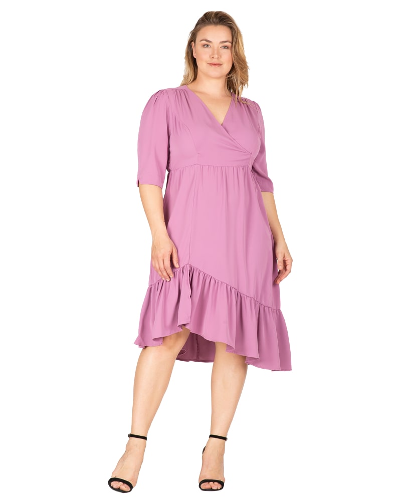 Front of a model wearing a size 1X Penny Ruffle Hem Midi Dress in Deep Mauve by Standards & Practices. | dia_product_style_image_id:280910